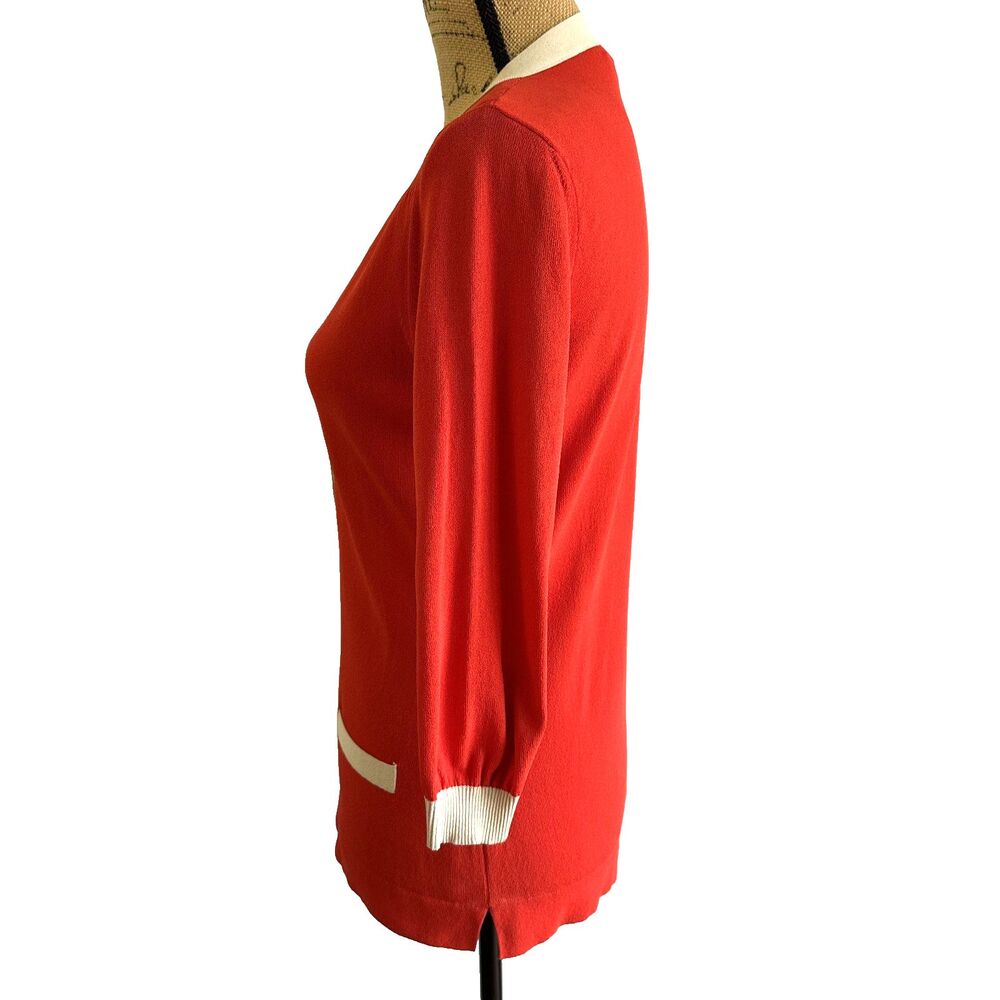 Les Copains Women's Scarlet Cream Trim V-Neck Cuffs 3/4 Sleeve Knit Sweater Sz 6 - Picture 3 of 13